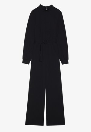 Tuta nera con maniche lunghe, colletto alto, vita arricciata con una fibbia rotonda e pantaloni a gamba larga. Tessuto morbido con design minimalista.