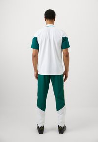 Άνδρας που στέκεται γυρισμένος προς τα πίσω, φορώντας λευκό και πράσινο κοντομάνικο μπλουζάκι, αντίστοιχα πράσινα και λευκά παντελόνια και μαύρα ποδοσφαιρικά παπούτσια σε απλό φόντο.