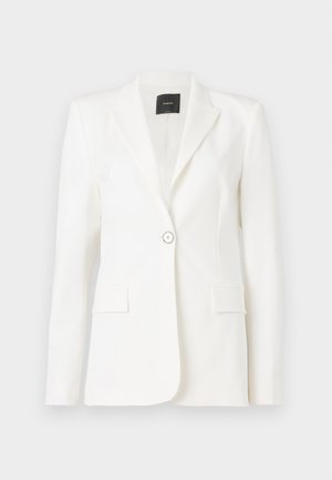 White tailored blazer with a single button, notched lapels, two front pockets, and a smooth fabric texture. Simple, clean design.