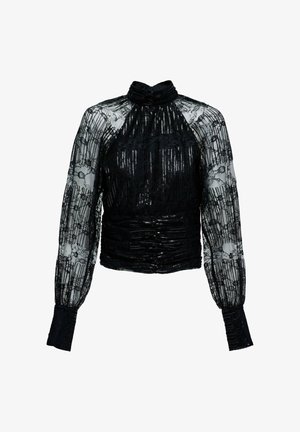 Blusa de encaje negro transparente con cuello alto, mangas largas abullonadas y patrones de rayas con lentejuelas en el cuerpo y los puños.