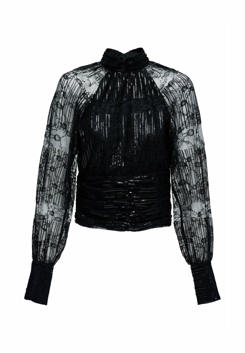 Sort gennemsigtig blonde bluse med høj hals, lange pufærmer og pailletstribede mønstre på kroppen og manchetterne.