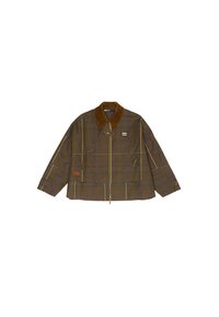 Brązowa kurtka w kratę z kołnierzem z sztruksu, z zamkiem błyskawicznym z przodu i detalem w formie naszywki. Projekt zawiera kontrastujące żółte i różowe linie.