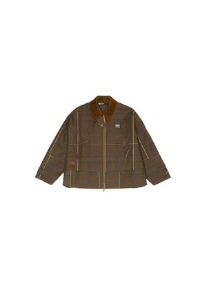 Chaqueta de cuadros marrón con cuello de pana, con cierre delantero y detalle de parche. El diseño incluye líneas en amarillo y rosa en contraste.