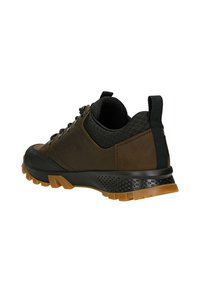 Scarpa da trekking marrone e nera con suola texturizzata, lacci frontali, collare imbottito per la caviglia e linguetta sul tallone, inclinata per mostrare il retro e il lato.