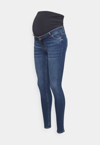 Jeans de maternidad en denim azul oscuro con una cinturilla negra elástica, con un corte ajustado y una altura media, presentando efectos de desvanecimiento sutiles.