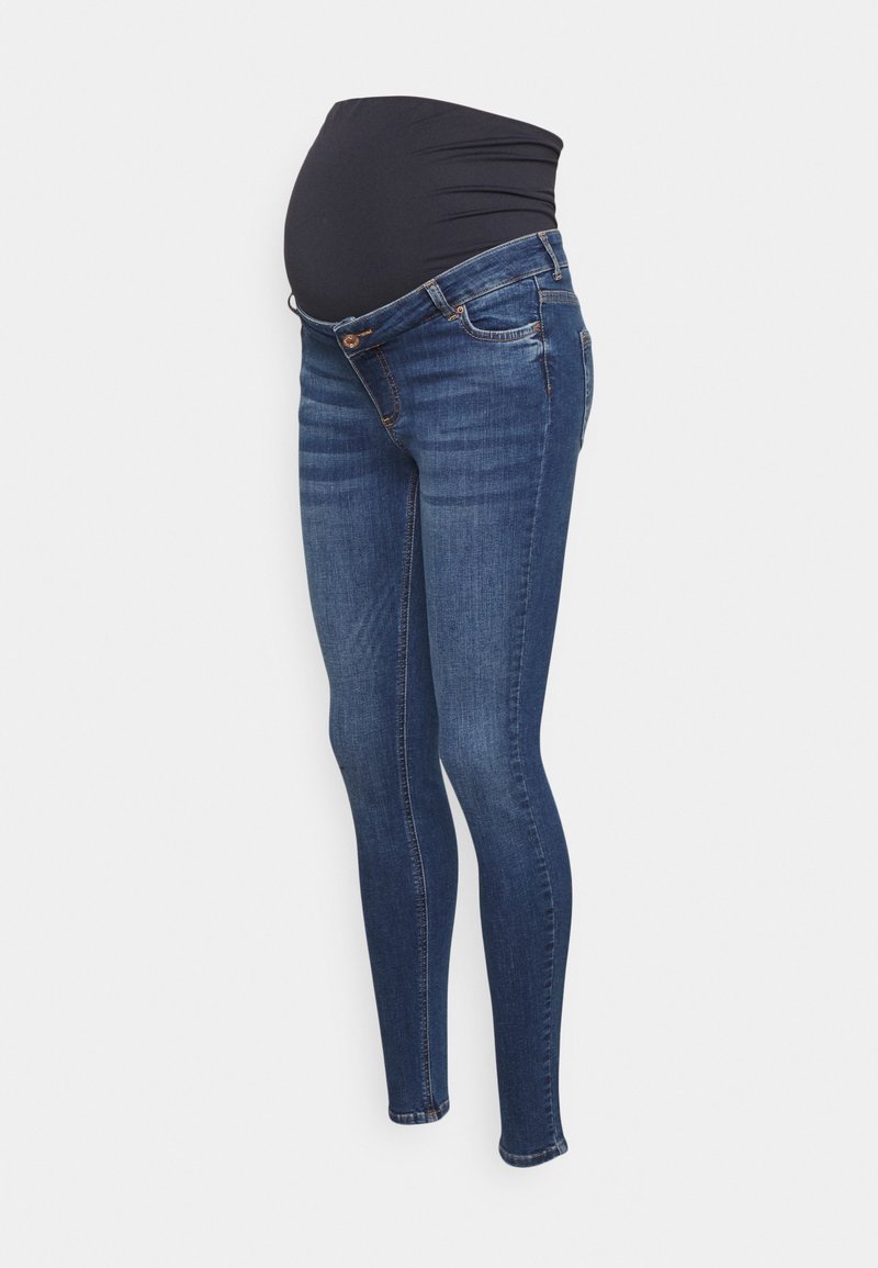 Maternity jeans in dark blue denim with a stretchy black waistband, featuring a slim fit and medium rise, with subtle fading effects.