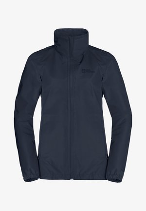 Giacca impermeabile navy con colletto alto e polsini elasticizzati. Presenta una zip frontale e un marchio sul lato sinistro del petto. Tessuto morbido e leggero.