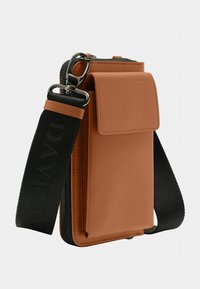 Brown leather crossbody bag with front flap pocket, black adjustable strap with clip, and zippered main compartment.