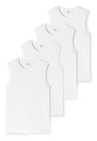 Quatre débardeurs blancs sans manches, fabriqués dans un tissu lisse et léger. Chacun a un encolure ronde et une coupe classique, sans motifs ni accents.