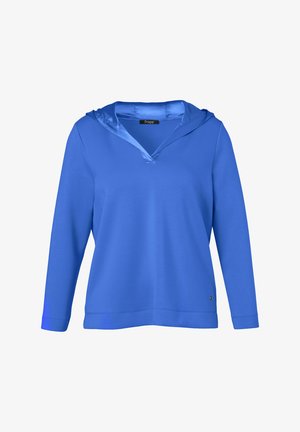 Blaues Mikrofaser-Pullover mit satinbeschichtetem Kapuzenfutter, tiefem V-Ausschnitt und langen Ärmeln. Verfügt über ein dezentes Logo-Detail nahe dem Saum.