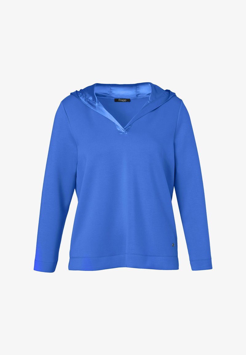 Pull bleu en microfibre avec une capuche doublée en satin, décolleté en V profond et manches longues. Présente un accent logo subtil près de l'ourlet.