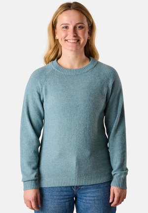 Light blue sweater made of soft fabric, featuring a round neckline, long sleeves, and ribbed cuffs and hem. Fits comfortably.