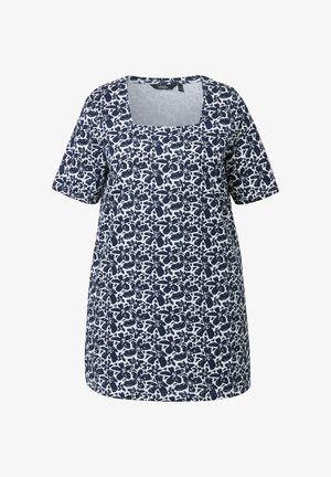 Tunique blanche à manches courtes avec un motif floral bleu marine et un col carré, conçue pour une coupe décontractée.