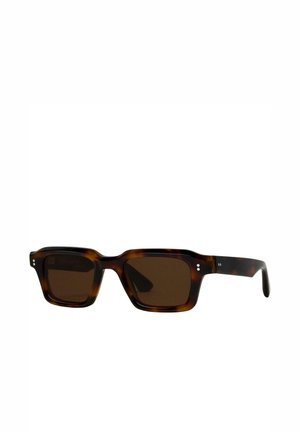 Brown tortoiseshell sunglasses with square lenses, thick acetate frames, and subtle detailing on the temples. Dark lenses provide UV protection.