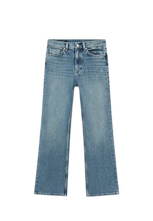 Hellblaue Jeans aus Denim mit hoher Taille, geraden, weiten Beinen, Taschen vorne und hinten sowie einem Knopfverschluss.