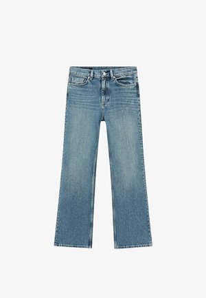 Hellblaue Jeans aus Denim mit hoher Taille, geraden, weiten Beinen, Taschen vorne und hinten sowie einem Knopfverschluss.