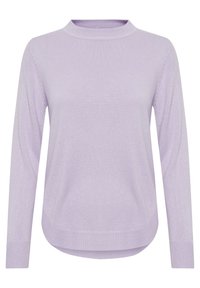 Helllila Langarmpullover mit gerippter Textur und Rundhalsausschnitt. Hat einen leicht abgerundeten Saum und enganliegende Bündchen.