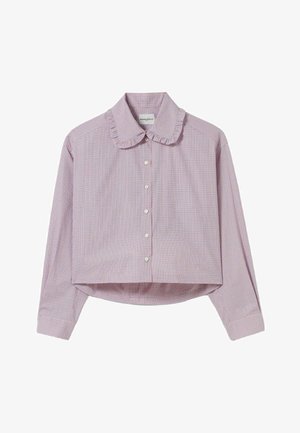 Camisa recortada a cuadros rosa y púrpura con mangas largas, un cuello con volantes y botones blancos en el frente. Material de mezcla de algodón.