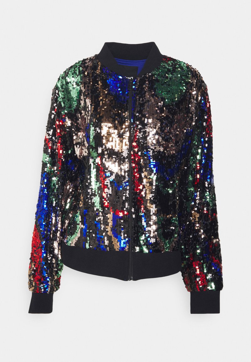 Veste bomber en sequins multicolores avec des éléments verts, bleus, rouges et dorés. Dotée d'un col et de poignets côtelés noirs. Fermeture éclair à l'avant.