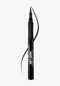Penna per eyeliner liquido nero etichettata "Revlon Colorstay Sharp Line" con punta fine in feltro e una linea curva nera disegnata dietro di essa.