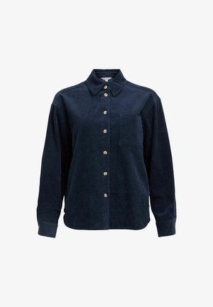 Dark blue corduroy long-sleeve shirt with button-up front, single chest pocket, spread collar, and beige buttons.
