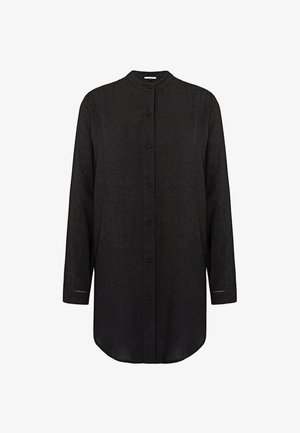 Mustapaita, jossa on pitkät hihat, mandariinikaulus, napitus ja hienovarainen rakenne. Sisältää ommeltuja yksityiskohtia hihoissa.