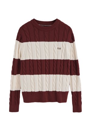 Bordeaux- en crèmekleurig gestreept sweater met kabelbrei-textuur. Heeft een ronde hals en geribbelde manchetten. Klein "Polo Club" logo aan de voorkant.