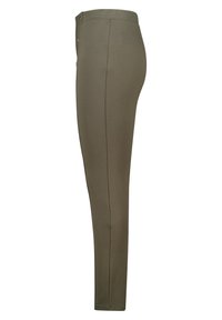 Leggings vert olive avec une texture lisse, une coupe ajustée, deux boutons à la taille et des coutures décoratives sur les côtés.
