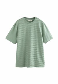 Mint green short-sleeve t-shirt featuring a textured, diamond-patterned fabric and a crew neckline, with a relaxed fit design.