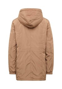Veste à capuche beige avec une finition texturée, des poignets élastiques et une taille ajustable pour un confort optimal. Design simple sans matériel visible.