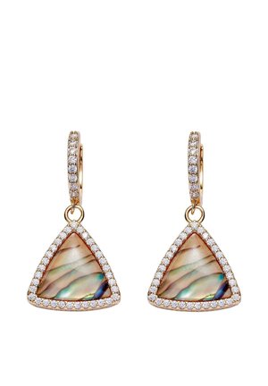 Boucles d'oreilles en or avec incrustations triangulaires en nacre d'ormeau encadrées par de petites pierres blanches, suspendues à des créoles ornées de pierres précieuses.