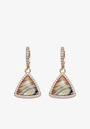 Gold earrings with triangular abalone shell insets framed by small white gemstones, hanging from gemstone-encrusted hoops.
