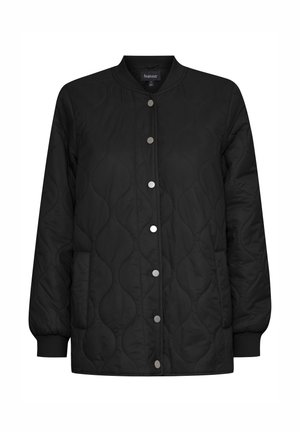 Schwarze gesteppte Jacke mit Rundhalsausschnitt, Druckknöpfen, seitlichen Taschen und gerippten Bündchen. Verfügt über ein strukturiertes Muster im gesamten Outfit.