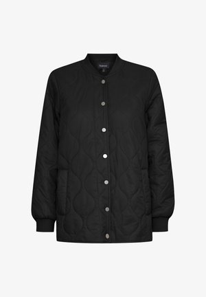 Schwarze gesteppte Jacke mit Rundhalsausschnitt, Druckknöpfen, seitlichen Taschen und gerippten Bündchen. Verfügt über ein strukturiertes Muster im gesamten Outfit.