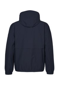 Marine blauwe windbreakerjas met een capuchon, voorzien van een ronde onderrand, elastische manchetten en een minimalistisch ontwerp zonder zichtbare hardware.