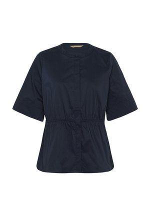 Blouse bleu marine à manches courtes avec encolure ronde, taille froncée et bouton devant. Fabriquée dans un tissu lisse avec une coupe décontractée.
