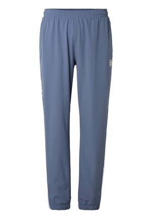 Pantalones deportivos azules con cintura elástica, puños elásticos y un pequeño logo blanco en el muslo derecho.