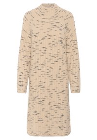 Strickkleid in Beige mit schwarz gepunktetem Muster, hohem Kragen und langen Ärmeln. Rippstruktur mit geradem Schnitt und knielanger Länge.