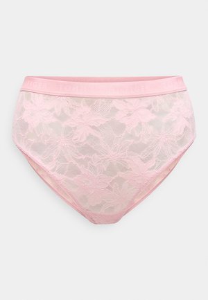 Svetloružové čipkované nohavičky s vysokým pásom, kvetinovým vzorom a elastickým pásom s nápisom "Tommy Hilfiger" na jednoduchom pozadí.