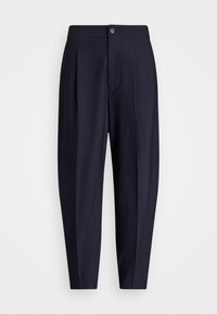 Sotilaansiniset housut, jotka on valmistettu sileästä kankaasta. Housuissa on litteä etuosa, vekit, nappikiinnitys ja kapenevat lahkeet. Siisti muotoilu, ilman kuvioita.