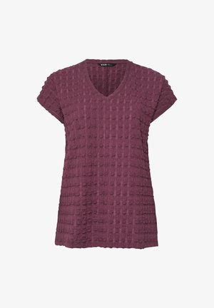 Blusa a maniche corte di colore prugna con texture, scollo a V e un sottile motivo a punti in rilievo.