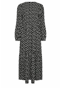 Vestido negro de manga larga con lunares blancos, con escote redondo, cintura fruncida y diseño de falda en capas. Tejido suave y ligero.
