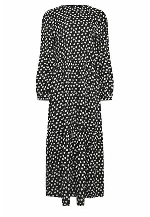 Czarna sukienka z długim rękawem w białe kropki, z okrągłym dekoltem, marszczoną talią i warstwowym krojem spódnicy. Miękki, lekki materiał.