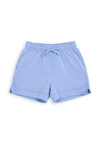 Shorts bleu clair en tissu doux, dotés d'une taille élastique avec un cordon de serrage, de poches latérales et d'un ourlet incurvé.