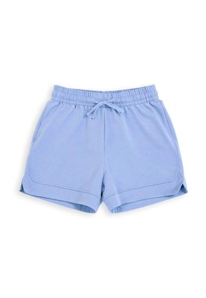 Hellblaue Shorts aus weichem Stoff, mit einem elastischen Bund und Kordelzug, Seitentaschen und einem abgerundeten Saum.