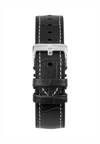 Cinturino per orologio in pelle nera con texture in coccodrillo, cuciture bianche e fibbia in metallo argento. Presenta diversi fori per la regolazione.