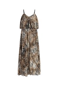 Rochie maxi cu imprimeu animal, având un model în tonuri de brown și negru, dintr-un material ușor, cu bretele subțiri și un design cu volane suprapuse la decolteu.
