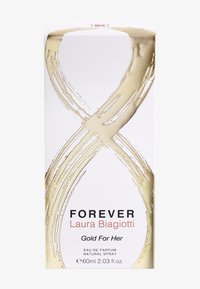 Parfümschachtel mit einer strukturierten weißen Oberfläche, goldenen Pinselstrich-Design und schwarzem Text. Enthält "FOREVER", "Laura Biagiotti" und "Gold For Her."