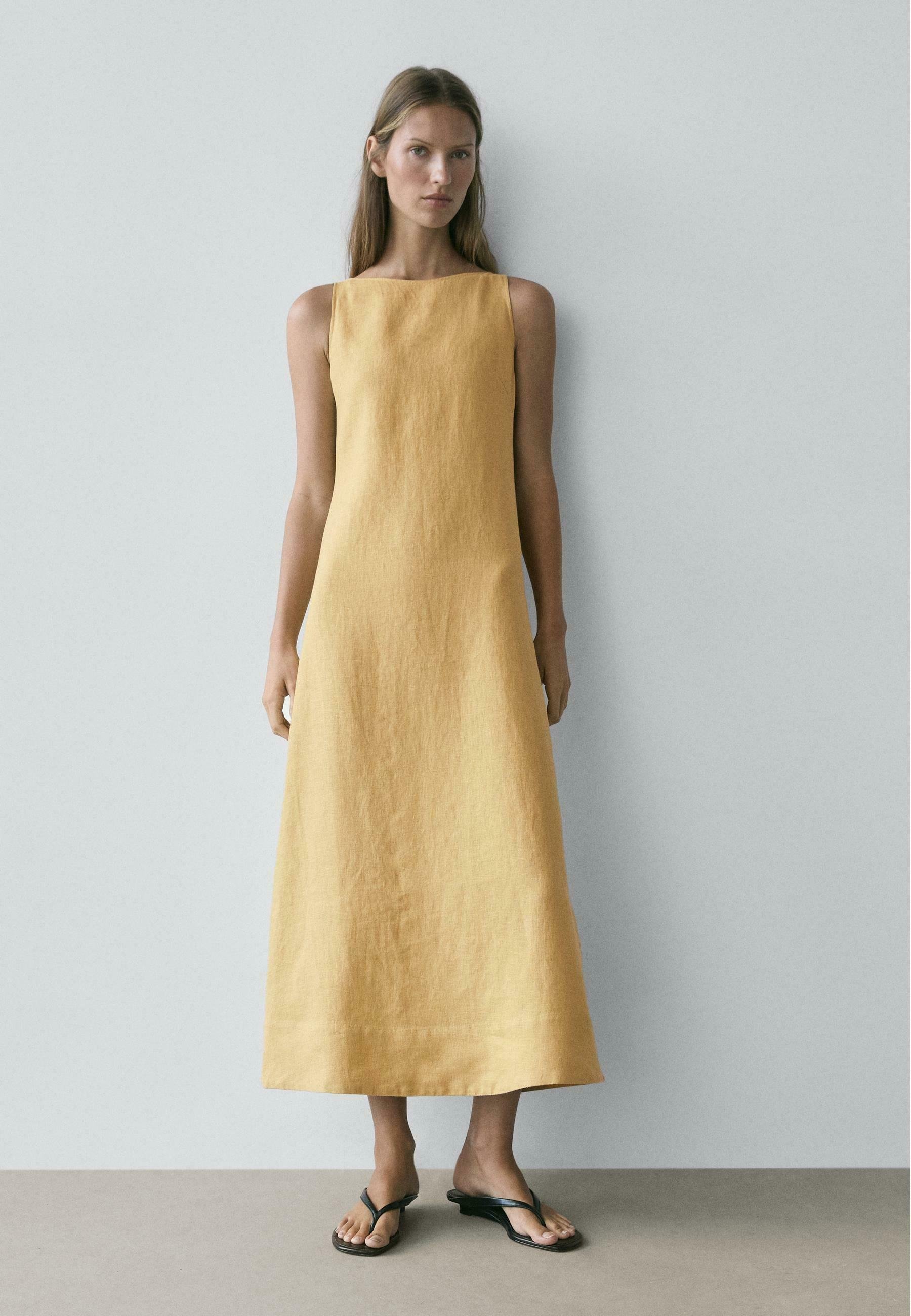 massimo dutti yellow linen dress 100% Linen Strappy Midi Dress - Yellow - S - Massimo Dutti