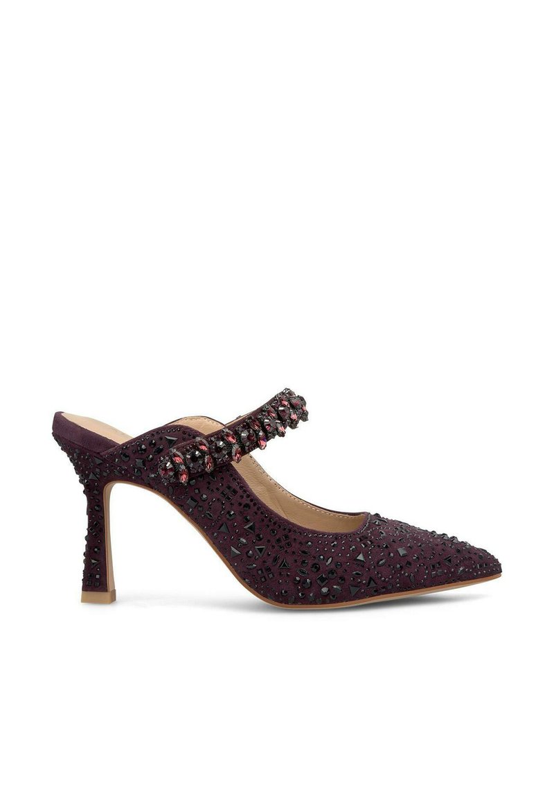 Tacco slingback in velluto viola con punta affusolata, superficie testurizzata con decorazioni nere e una fascia adornata di strass.